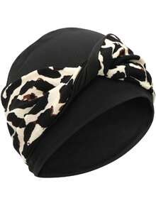 1pc European & American Fashion Street Style Headscarf Hat, Printed Headband Twist Beanie, Floral Headscarf Hat, Suitable For Cancer Patients, Elastic Chemotherapy Headwear Turban - 黑色背景,米色豹紋斑點 - 查看 9