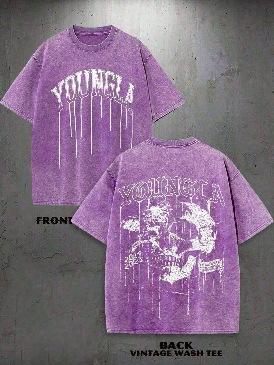 Summer Tops Happy Mother's Day1pcsBreak The System1PC Y2K Vintage Washed T-Shirt |       Men's Graphic Tee |       YLA Dripping Skull Design Pattern |       Gifts For Men Or Boyfriend |       100% Cotton |       230Gsm Thickened Fabric |       UnisexRound Neck Loose Fit T-Shirt180gcamiseta Para Hombre,Funny Graphic Tees,Men's ClothingLoose And Comfortablesummer Clothes  Happy Easter - 紫色 - 查看 1