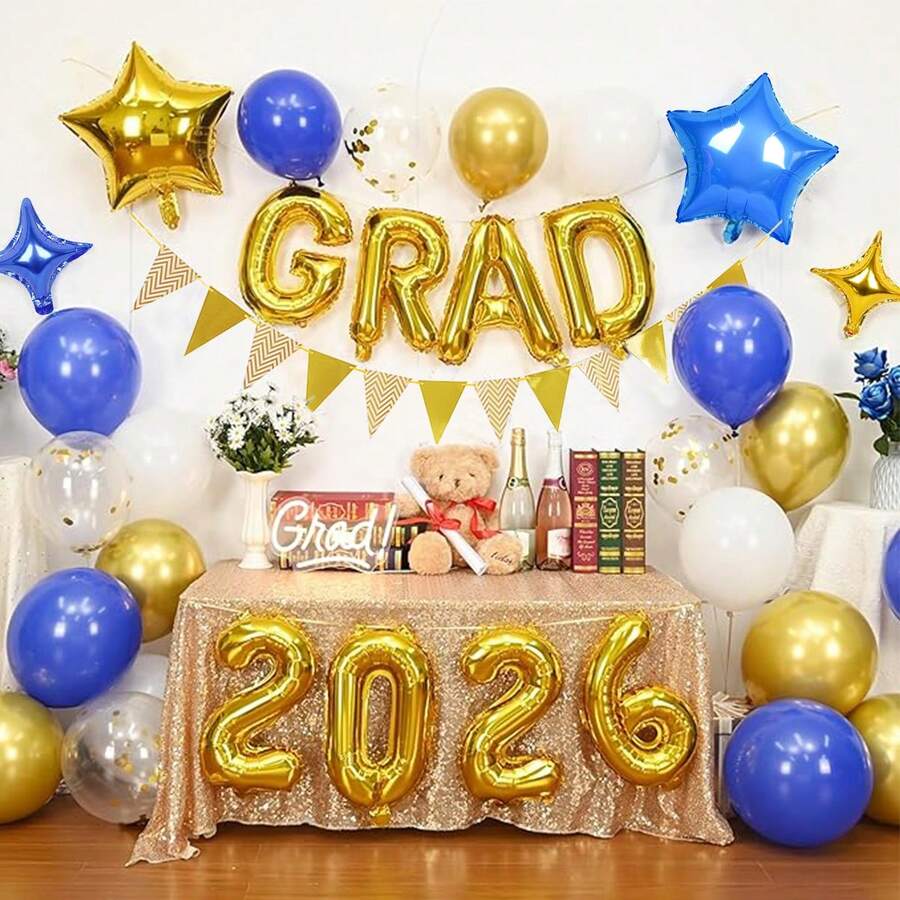 33件套2026毕业季气球套装,包含“GRAD”铝箔气球、“2026”铝箔气球、乳胶气球、星星气球,适用于学校活动、校园装饰、房间装饰、2026毕业派对、毕业照道具。 - 多色 - 查看 1