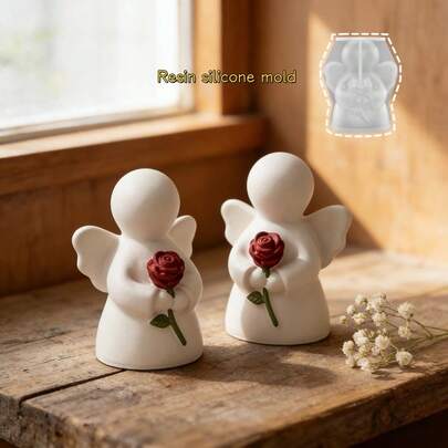 DIY Resin Mold, Angel Holding Rose Flower Decor Mold, Suitable For Making Epoxy, Gypsum, Candle, Incense, Home Decor, Tabletop Silicone Mold, Mother's Day Gift