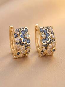Gift Box Luxury Cubic Zirconia Blue Diamond Flower Earrings, High-End Jewelry For Women's Wedding, Party, Banquet, Made Of Copper Material, Non-Fading And Hypoallergenic, Ideal Gift Choice - Gold - View 5