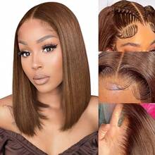 Brown Straight Bob Wig 13x4 Transparent Lace Frontal Wig For Women Shoulder Length 180% Density Heat Resistant Synthetic Mixed Human Blended Hair Wig With Baby Hair 4# - Brown - View 5