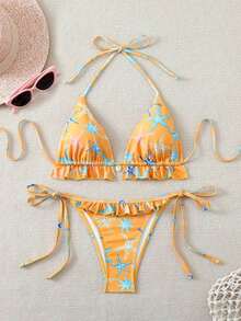 Swim Mod Women's Swimsuit, Two-Piece Bikini Set With Halter Neck, Ruffles And Bow In Solid Color For Summer - 多色 7 - 查看 2
