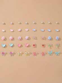 Set de 20 piezas de aretes con diseños de corazones, mariposas y flores de colores, adecuados para decoración diaria - Multicolor - Ver 4