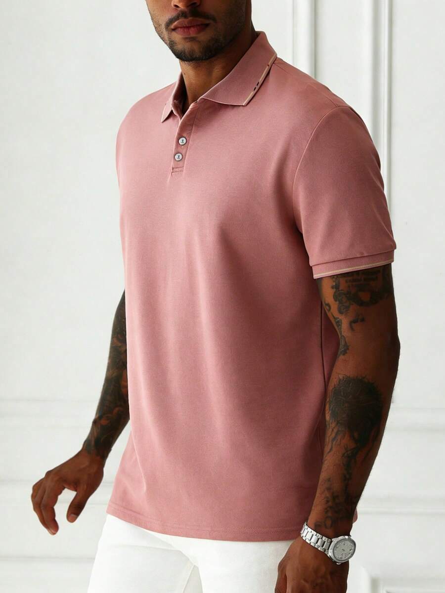 Men's Casual Pink Polo Shirt With Contrast Color Trim - Pink - View 1