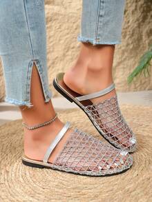 宽楦女式时尚欧美新款闭趾绑带渔网平底凉鞋，罗马凉鞋，新款镂空舒适沙滩拖鞋 - 銀色 - 查看 7