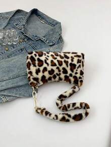 Bolso de hombro de peluche con estampado de leopardo (la ubicación del estampado es aleatoria) - Camel - Ver 8