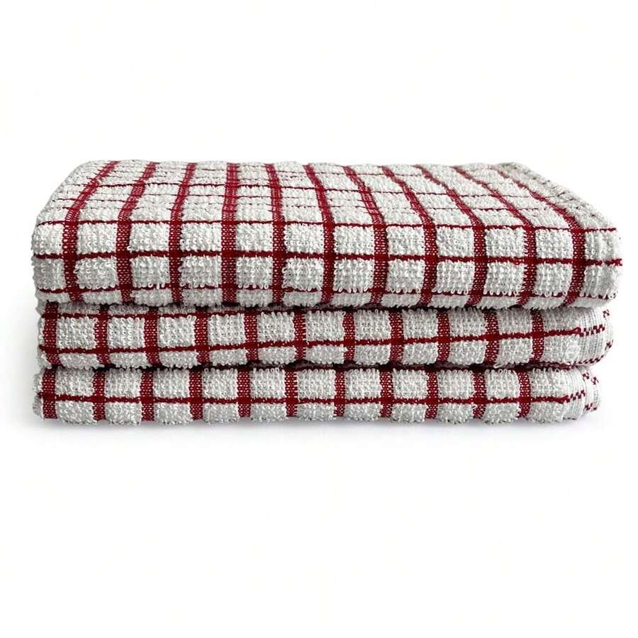 Terry Check Tea Towels - 100% Cotton - Red - View 1