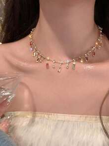 AuraLois 1pc Rainbow Tassel Zirconia Necklace, Exquisite Luxurious Delicate Design Multilayer Necklace, Suitable For Women Wedding, Party, Holiday Outfit - Vàng - Xem 8