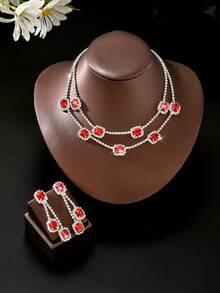 Bộ 3 dây chuyền pha lê lấp lánh hai lớp thời trang dành cho cô dâu, bộ trang sức thanh lịch phù hợp cho đám cưới, tiệc tối sang trọng và những buổi dạ hội cao cấp. - Hoa tai + Dây chuyền - Xem 3