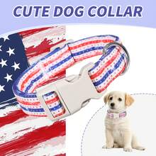 经典美国国旗条纹狗项圈 - 红白蓝星形图案 - 米色搭扣银色D形环 - 高级涤纶宠物用品 - 混合色 - 查看 2