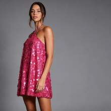 Women's Halter Mini Dress, Sparkly Sequin Sleeveless Backless Dress For Party  Date Night - Hot Pink - View 3