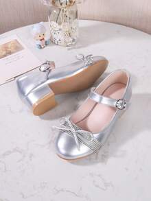 Nuevos zapatos de princesa para niñas con lazo de strass y tacón alto, adecuados para baile y fiesta de noche - Plateado - Ver 4