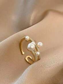 1 chiếc nhẫn vàng đính đá hai lớp, bất đối xứng, có thể điều chỉnh kích thước, gồm 5 viên ngọc trai, thích hợp làm nhẫn cưới, nhẫn đính hôn cho cặp đôi. - Vàng - Xem 4