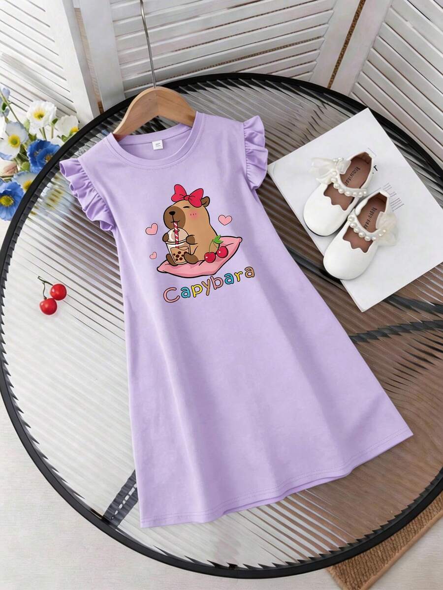 Đầm họa tiết hoạt hình dễ thương dành cho các cô gái tuổi teen, thích hợp cho mùa xuân/hè và các dịp nghỉ lễ. - Màu tím - Xem 1