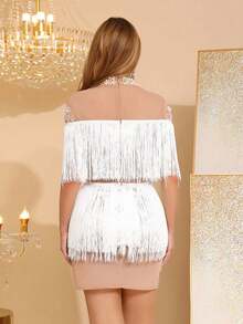 Nuevo vestido mini ajustado de lujo para mujer con artesanía de diseño de cuello alto, mangas capa, trenzado hueco, cuentas y borlas - Blanco - Ver 5