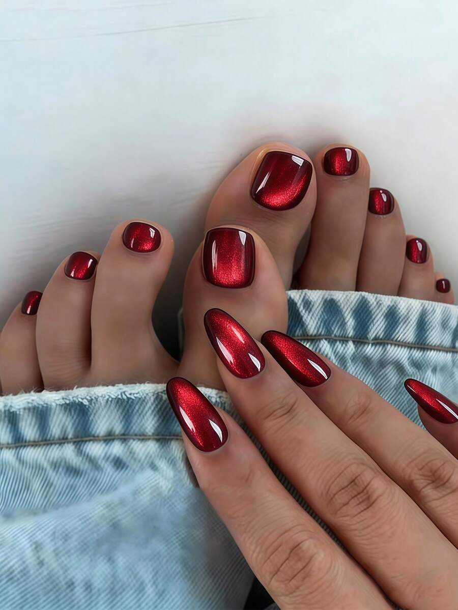 48 piezas Juego de uñas postizas de estilo gótico retro elegante con ojos de gato de cristal burdeos, manicura con estilo glitter rosa de moda Y2K, adecuado para primavera/verano, pegatinas de uñas de cobertura completa con 2 hojas de pegamento y 2 tiras de pegamento mini, entrega aleatoria - Rojo - Ver 1