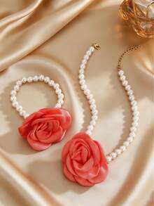 2pcs/Set Elegant Faux Rose Flower & Pearl Necklace Bracelet Jewelry Set, Suitable For Women's Daily Wear And Dates, Gift For Valentine's Day, Mother's Day, Birthday - Multicolor - View 10
