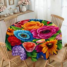 1pc 2D Floral Print Round Tablecloth, Colorful Blooming Wavy Edge, Polyester Dining Table Cover For Family Gathering, Party, Picnic, Outdoor Wedding, Indoor & Outdoor Use, Gift For Loved Ones - Multicolor - View 6