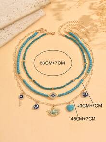 3pcs/Set Bohemian Style Blue Turquoise Beaded Necklace, Gold Handmade Chain With Evil Eye Pendant Necklace Set, Suitable For Daily Wear, Photo Shooting Or Beach Vacation - Multicolor - View 4