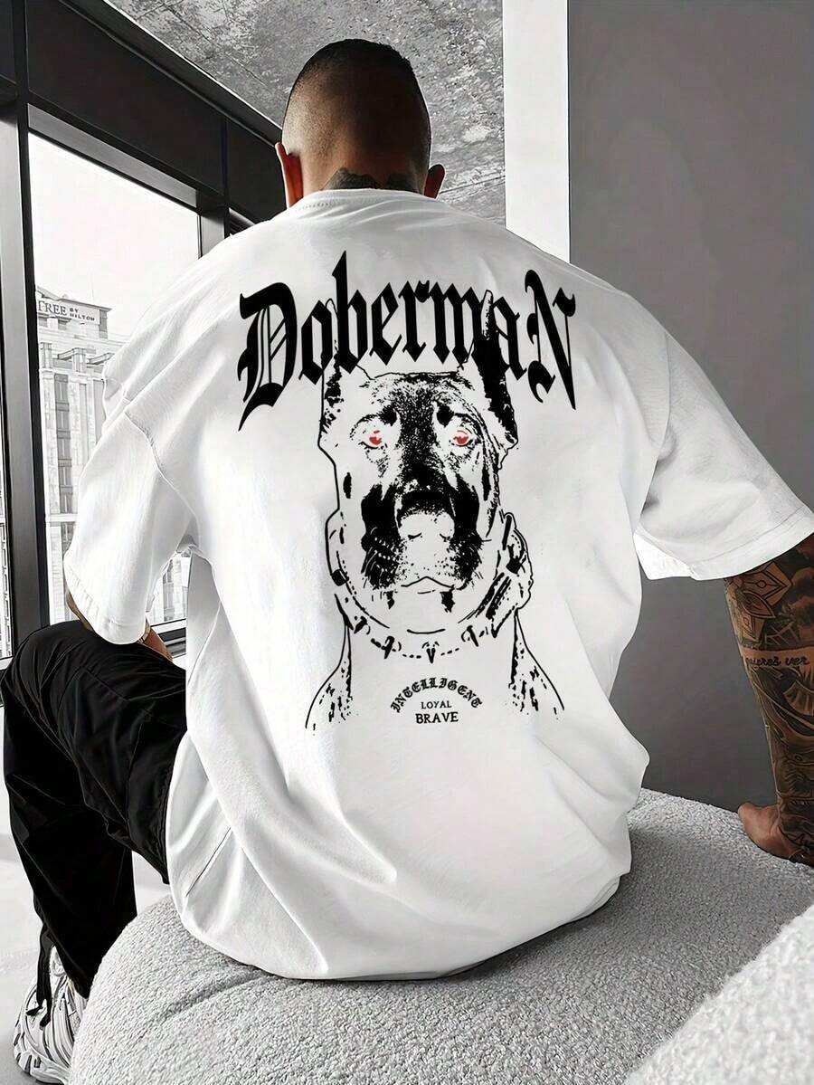 Men's Short-Sleeved T-Shirt With A Double-Sided Print Of The Dog Dupin, Made From 100% Breathable And Comfortable Cotton, Casual Sporty Summer Style. Tip: Size Up For Optimal Comfort. - 白色 - 查看 1