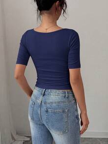 PRETTYGARDEN Womens Summer Short Sleeve Tops Boat Neck Ribbed Knit Slim Fit T Shirt Casual Basic Top Y2K Clothes - 海軍藍色 - 查看 2