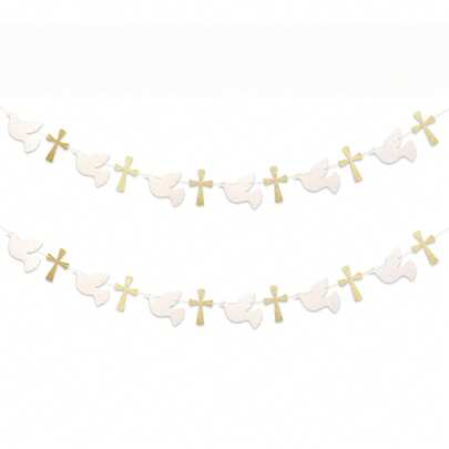 12pcs/24pcs,Elegant Gold Glitter Cross And White Dove DIY String Banner -Sparkling Religious Hanging Banner,Religious Party Garland For Baptism, Christening, First Communion & Confirmation Decor - Holy Spirit Theme Bunting
