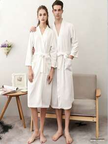 一件装轻便时尚浴袍，速干柔软浴袍，情侣家居服，简约格纹浴袍，旅行浴袍，一次性浴袍 - 白色 - 查看 4