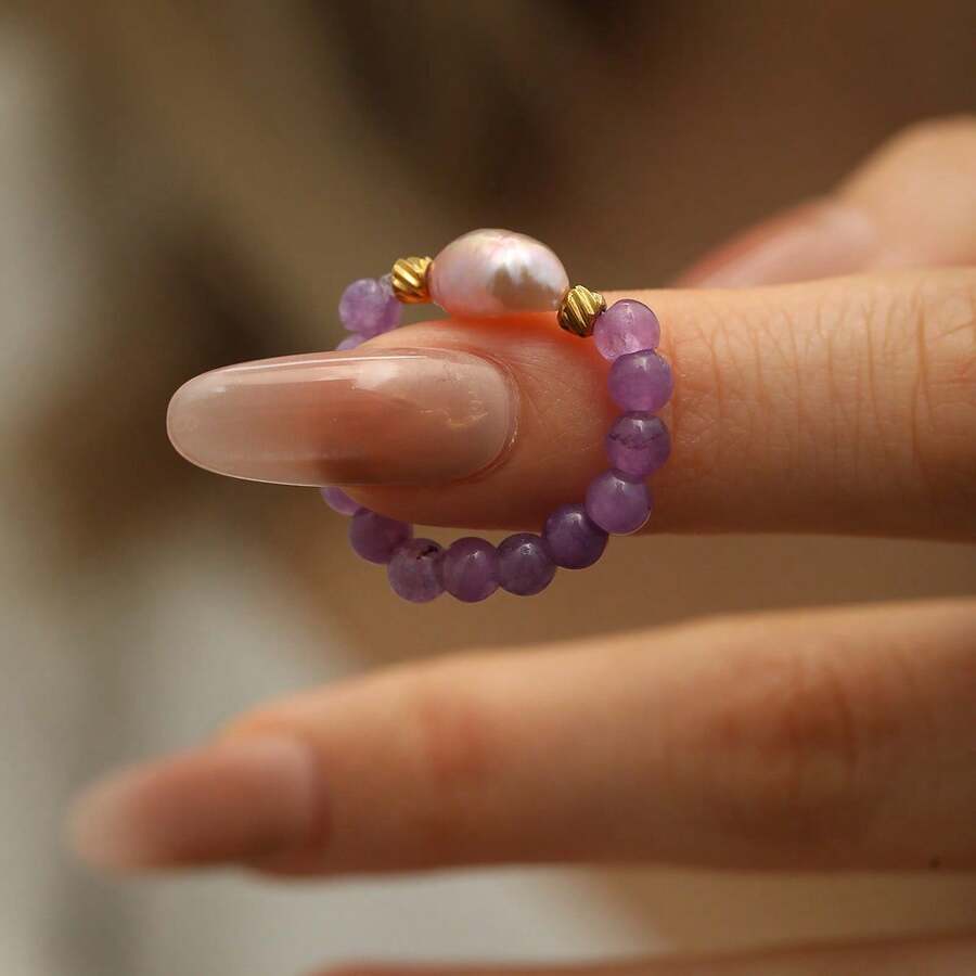 New Arrival Natural Freshwater Pearl & Purple Natural Stone Ring, Elegant Handmade Design - Multicolor - View 1
