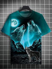 Men's Summer Casual Moonlight Wolf Graphic T-Shirt - Blue - View 1