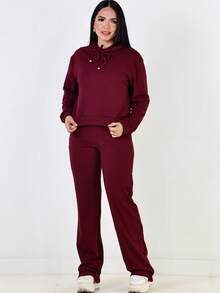 Ana Ribbed Wide-Leg Pants + Hoodie Set - Burgundy - View 2