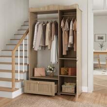 Wardrobe With Mirror And Open Clothes Rack – Compact Wardrobe, Practical Storage Space With Drawer And 2 Doors, Ideal For Bedroom And Hallway. - 駝色 - 查看 10