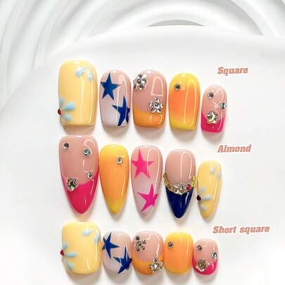 10pcs Millennium Style Handmade Nail Art Set, Including Gel Nail Kit, Hand-Painted Green Cat Eye Apple, Blue Starry, Light Pink Pentagram Nail Decorations, Hand-Painted Blue Polka Dots, White Nail Polish, Comes With Nail Tools (1 Jelly Sticker + 1 Nail File). Provides 3 Sizes: Square, Short Rectangle, Almond Shape Nails.