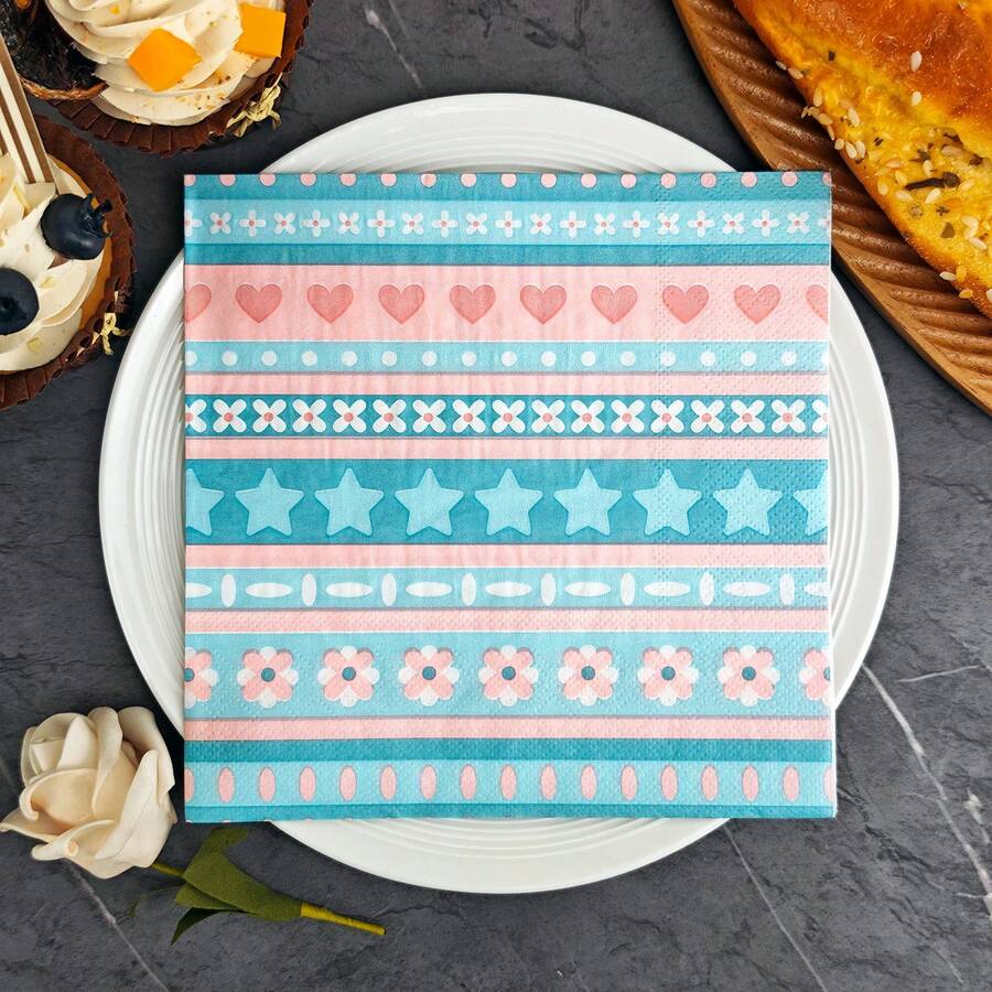 IOOJA 20/50pcs 2-Ply Unfolded Size 33*33cm Heart & Geometric Pattern Printed Party Napkins, Disposable Tissue Paper Suitable For Theme Parties, Essential For Company Events, Friends Gatherings - Multicolor - View 1