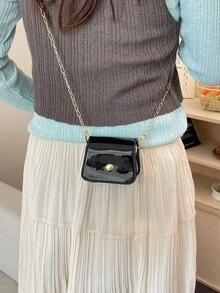 Bolso bandolera de cadena sólida con estampado de mini cocodrilo - Negro - Ver 7
