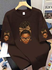Plus Size Women Cartoon Print Casual Versatile Daily Short Sleeve T-Shirt Summer - Coffee Brown - View 3
