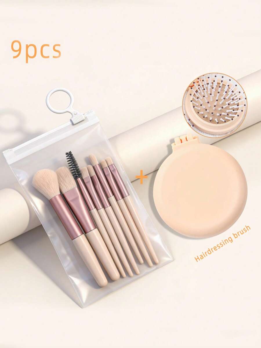 Bộ 9 cọ và lược trang điểm cầm tay, cọ trang điểm sợi tổng hợp chất lượng cao + lược tròn mini gấp gọn, kiểu dáng Macaron tối giản màu nude, kèm túi đựng trong suốt, thích hợp cho trang điểm hàng ngày và du lịch. - Nhiều màu - Xem 1