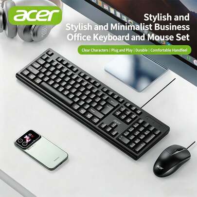 Acer طقم لوحة مفاتيح وماوس سلكي للمكتب والكمبيوتر، تصميم رفيع وهادئ، متوافق مع أجهزة الكمبيوتر المكتبي والكمبيوتر المحمول، واجهة USB، تصميم إرجونومي مناسب لأجهزة ASUS وشاومي وأبل