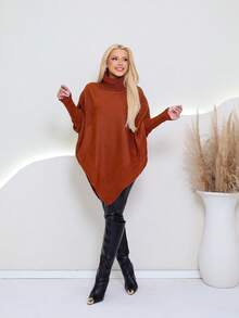 MONNEI Knitted Poncho With High Neck And Asymmetrical Batwing Sleeves, French Style - 銅色 - 查看 2