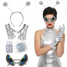 Set de 2/3/4 piezas de disfraz de alien, incluye diadema con antenas, gafas, guantes y accesorios brillantes, apto para uso diario, Halloween, Navidad, carnaval, cosplay, fiestas - Multicolor - Ver 7