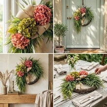 23.62 Inch Hydrangea & Eucalyptus Wreath With Bow Rustic Farmhouse Door Wall Decoration, Beige/Flowers & Green Foliage, Durable Plastic Frame For Front Door, Thanksgiving, Halloween, Christmas, Fall Decor, Room Decor - Hồng - Xem 3