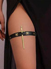 2pcs Medieval Leg Props PU Leather Punk Rivet Leggings Harness With Metal Sword Props, Sexy Adjustable Elastic Leg Garter Halloween Decoration Props - A - View 6