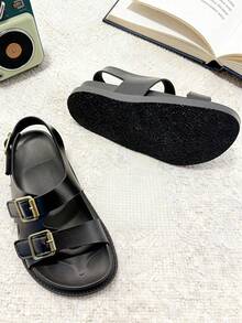 1 Pair Fashion Children's Sandals, Flat Sandals, Soft Non-Slip Wear-Resistant Sole, Hook And Loop Unisex, Suitable For Summer Outings, Banquets, Parties, Vacations - Black - View 3