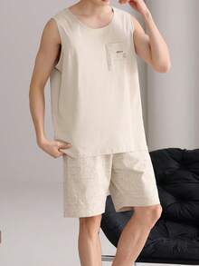 AICJ 2pcs Men's Solid Color Casual Loose Basic Round Neck Vest Top And Shorts Pajama Set, Suitable For Spring/Summer Loungewear And Outdoor Wear - Beige - View 4