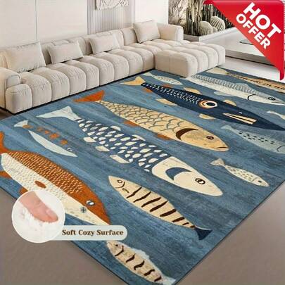 Washable Rugs For Home Living Room, Multiple Sizes Available, Velvet Indoor Outdoor Area Rug, Non-Shedding Waterproof Stain Resistant Easy Clean, Cartoon Ocean Fish Art Navy Blue Multicolor Carpet For Patio Deck Porch Bedroom Kitchen Bathroom RV Hallway Garden, Home Decor Rug For Bathroom Accessories