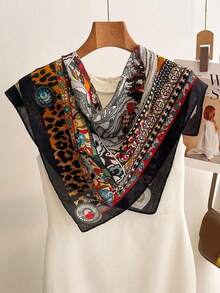 1 chiếc khăn choàng cổ bằng vải lanh in họa tiết da báo, đa năng dùng làm khăn quàng cổ, băng đô cài tóc, thích hợp cho bãi biển và kỳ nghỉ. - màu đen - Xem 1