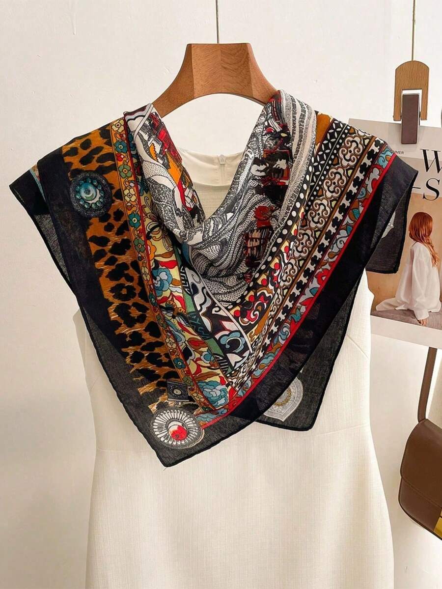 1 chiếc khăn choàng cổ bằng vải lanh in họa tiết da báo, đa năng dùng làm khăn quàng cổ, băng đô cài tóc, thích hợp cho bãi biển và kỳ nghỉ. - màu đen - Xem 1