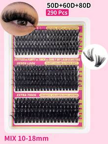 290片蓬松睫毛簇，50D/60D/80D单根睫毛，浓密簇状睫毛嫁接，D卷度，10-18毫米细密簇状睫毛，适合旅行、日常佩戴（新手友好）、婚礼、约会、派对、节日，也是圣诞节/万圣节/送礼佳品。 - 查看 2