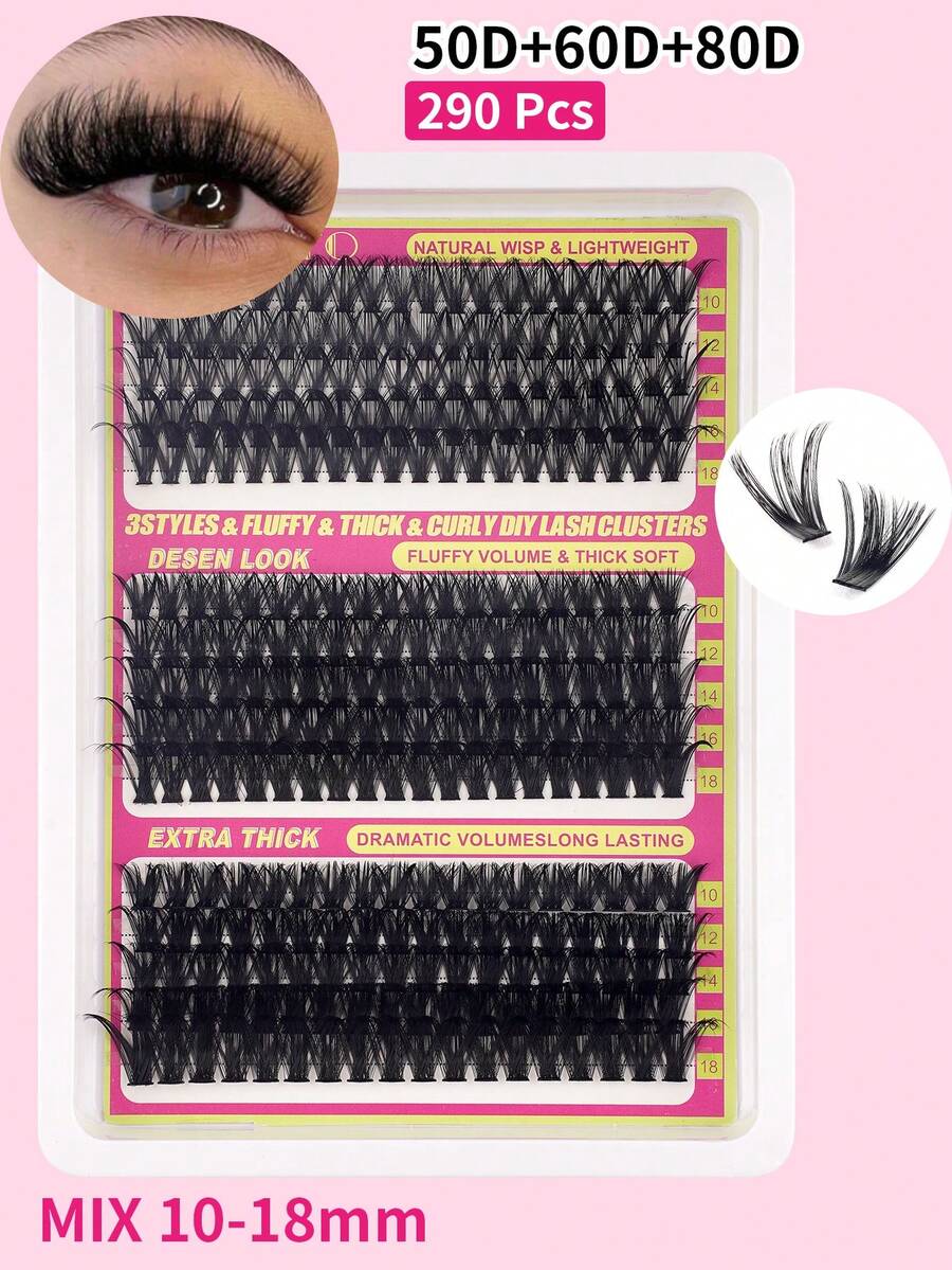 290片蓬松睫毛簇，50D/60D/80D单根睫毛，浓密簇状睫毛嫁接，D卷度，10-18毫米细密簇状睫毛，适合旅行、日常佩戴（新手友好）、婚礼、约会、派对、节日，也是圣诞节/万圣节/送礼佳品。