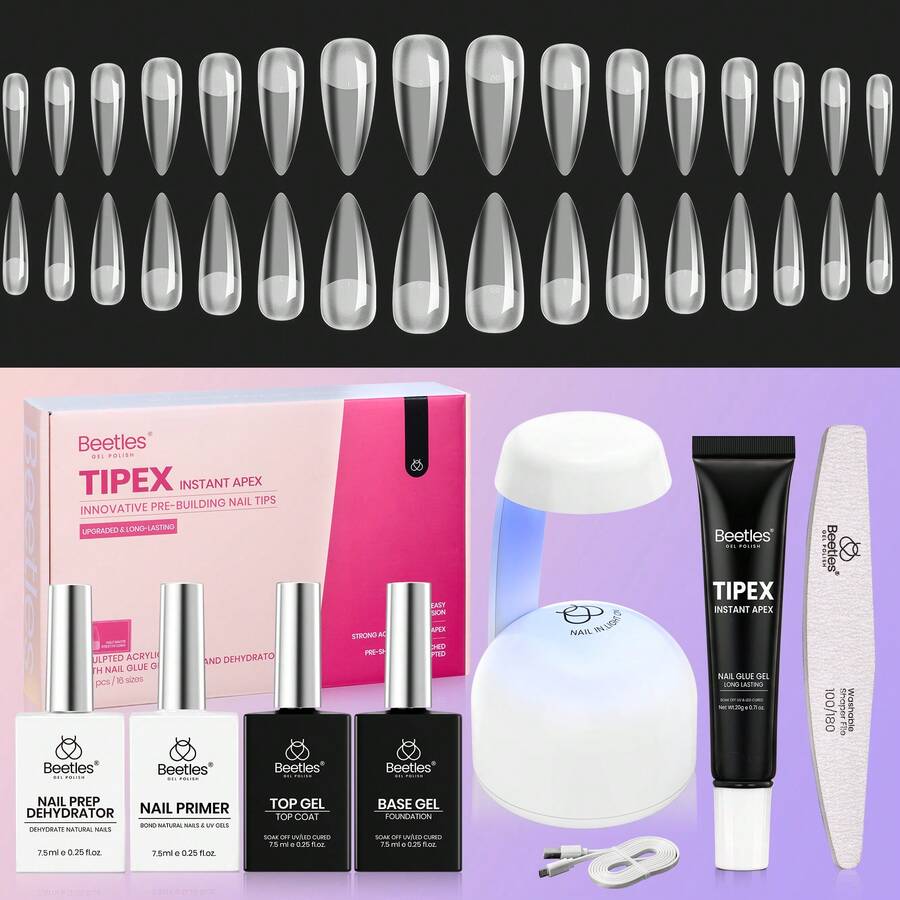 Beetles Tipex Lite Pre-Built Apex Nail Tips Kit, Stiletto Medium, With Tipex Nail Glue, All-In-One Gel Nail Kit - Stiletto Long (Tipex Nail Kit With Primer) - View 1